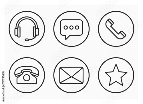 Contact methods outline icons in circles on white background for web design