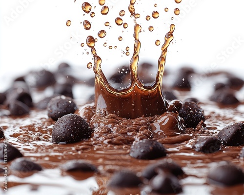 Chocolate splash on a bed of melted chocolate drops