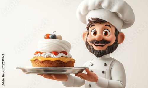 Cartoon chef proudly presenting a delicious cake