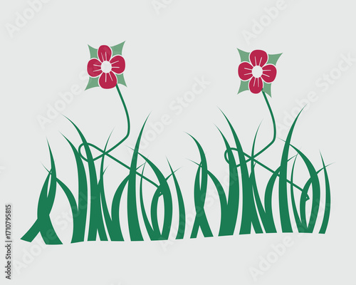 Stylized Red Flowers and Green Grass on a Light Gray Background