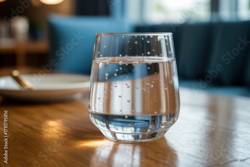 A clear glass filled with water sits on a wooden table with a plate and blue cushions behind