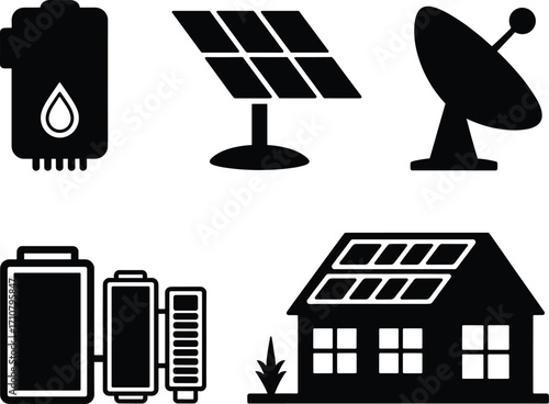 Modern sustainable energy technology icons solar panel battery house satellite dish and water heater