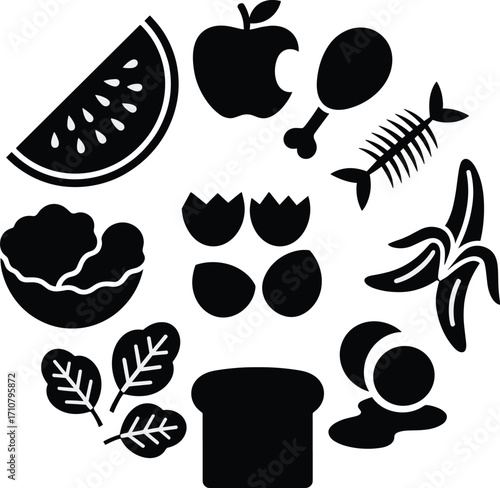 Circular arrangement of diverse food silhouettes healthy eating collection