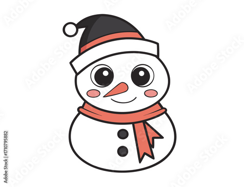 Cute cartoon snowman with a hat and scarf on a white background