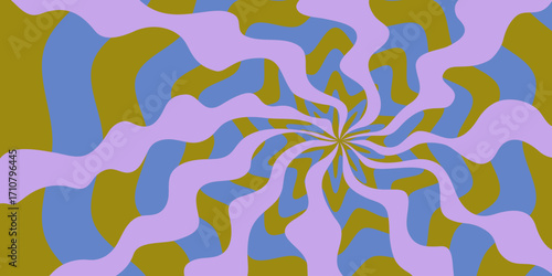 Psychedelic abstract background with distorted wavy rays in purple, olive, an...