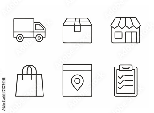 Outline Icons for Delivery Process Truck Box Store Bag Location Checklist