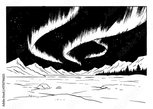 Arctic Landscape Scene with Brilliant Aurora Borealis Black and White Outline Line Art Drawing