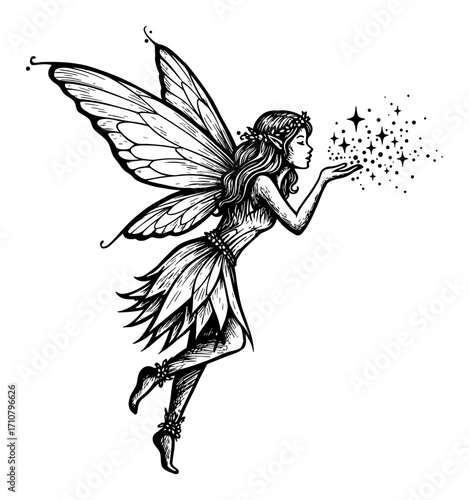 White Fairy Blowing Sparklings from Hand Detailed Black and White Outline Line Art Drawing Illustration