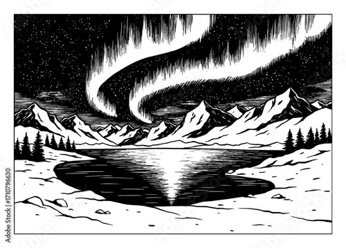 Majestic Arctic Landscape with Lake Mountains and Northern Lights Aurora Black and White Outline Line Art Drawing Style