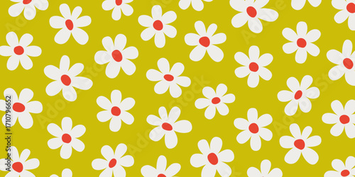 Psychedelic groovy background with white daisy flowers on light green backdro...