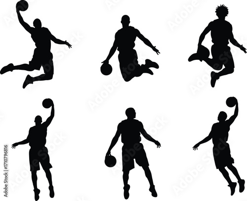 Basketball player silhouettes performing slam dunks and jump shots in dynamic poses, perfect for sports design, posters, and athletic content.