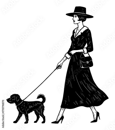 Elegant Lady Walking a Dog on Leash Black and White Outline Line Art Drawing Side View
