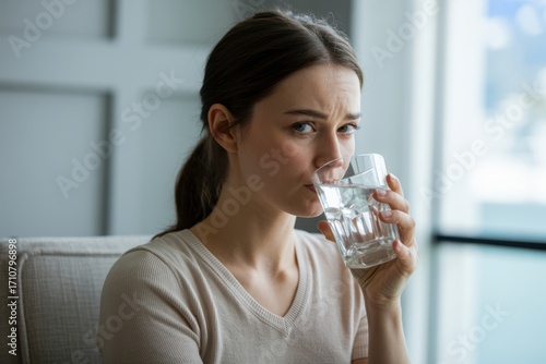 A young woman drinking water from a glass in a bright room with a neutral background tone