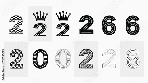 Unique number illustrations for creative 2026 design projects or holiday celebrations like New Year