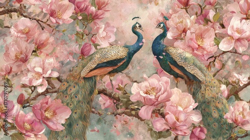Romantic Pair of Peacocks Amidst Blooming Pink Magnolia Blossoms:  Elegant, Vintage-Style Painting