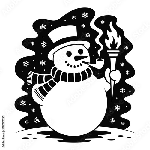 Black and white snowman holding a torch with snowflakes and abstract shapes winter character