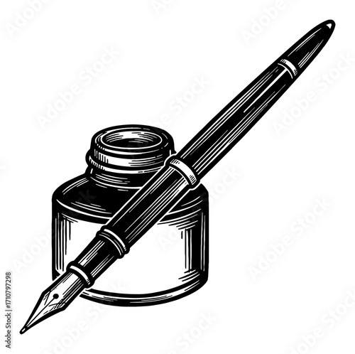 Classic Vintage Fountain Pen Laying on Top of Inkwell Black and White Outline Line Art Drawing