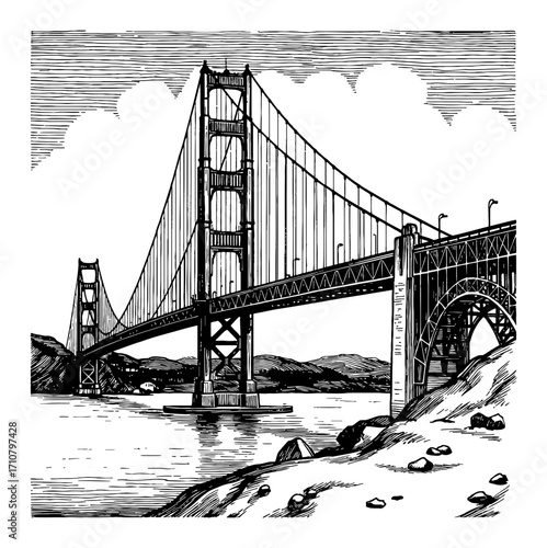 Detailed Illustration of Golden Gate Bridge Iconic Landmark Black and White Outline Line Art Drawing