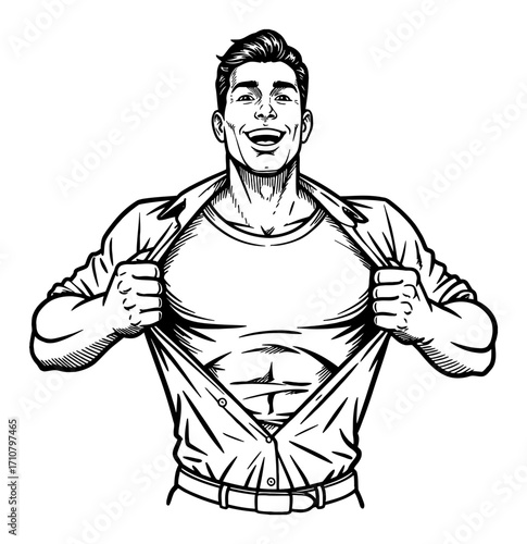 Muscular Smiling Man Tearing Open Shirt Revealing Tshirt Like Superhero Black and White Outline Line Art Drawing