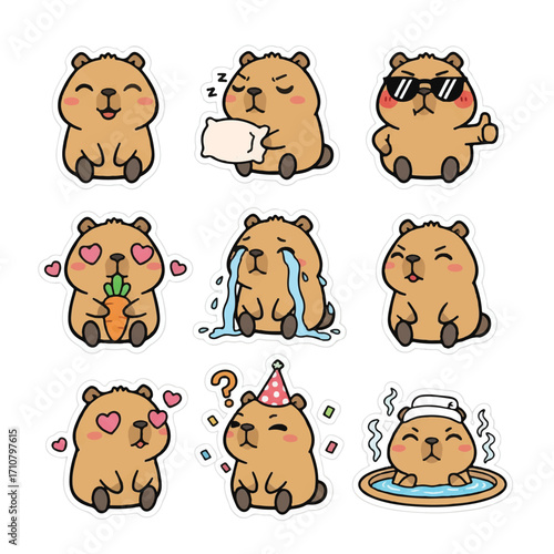A set of nine cartoon capybaras with various expressions and actions, including holding a crayon, on a clean white background with a playful and colorful mood.