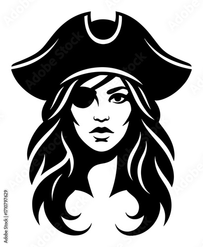 Fierce Woman Pirate Head with Eyepatch and Hat Simple Logo Black and White Outline Line Art Drawing