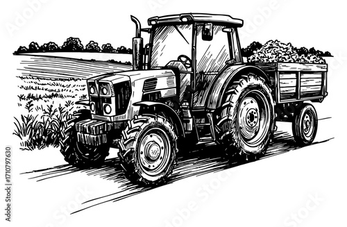 Tractor in Rural Landscape with Loaded Trailer Black and White Outline Line Art Drawing Farm Machine