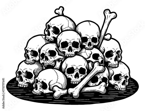 Massive Pile of Skulls and Bones Stacked in a Spooky Gothic Black and White Outline Line Art Drawing