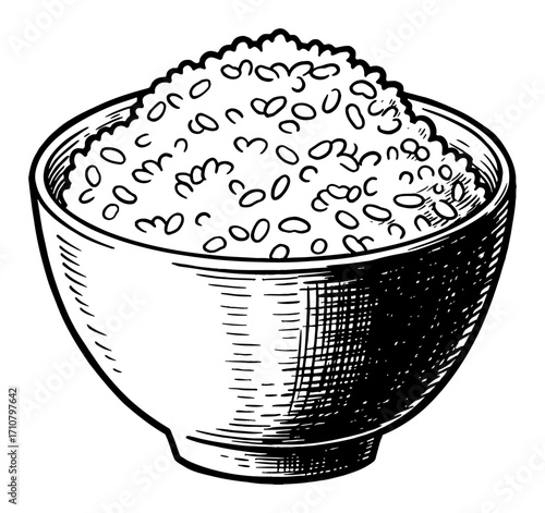 Full Bowl of Cooked Rice in a Classic Hand Drawn Black and White Outline Line Art Drawing Illustration