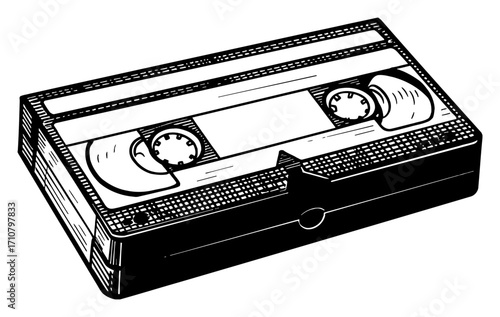 Retro VHS Cassette Tape Front View Black and White Outline Line Art Drawing Vintage Media Object