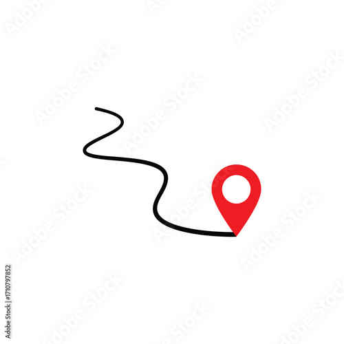 A red map pin marking a destination on a winding black line representing a route or path, isolated on a white background