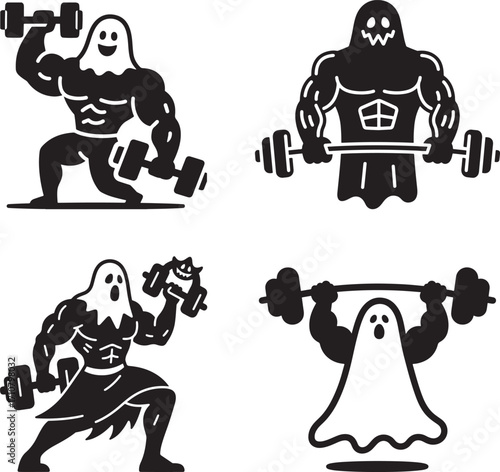 Silhouette illustrations of muscular Halloween ghosts performing various weightlifting or gym exercises