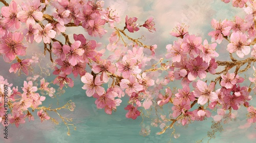 Elegant Pink Blossom Branches with Gold Accents: Soft, Romantic Floral Painting