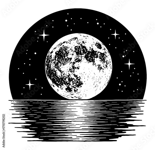 Big Full Moon Above the Sea with Stars Reflected on Water Surface Black and White Outline Line Art Drawing