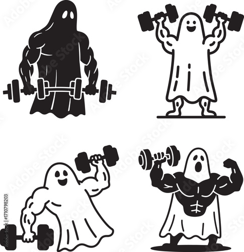 Silhouette illustrations of muscular Halloween ghosts performing various weightlifting or gym exercises