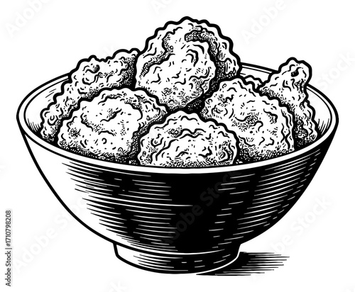 Delicious Fried Chicken Karaage Pieces in a Bowl Black and White Outline Line Art Drawing Style
