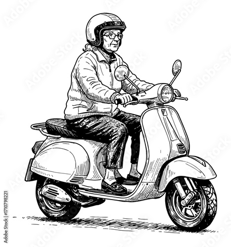 Grandma with Helmet Riding Classic Vespa Scooter Black and White Outline Line Art Drawing Engraving