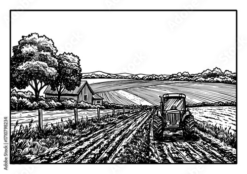 Rural Area Landscape with Tractor Coloring Book Style Black and White Outline Line Art Drawing