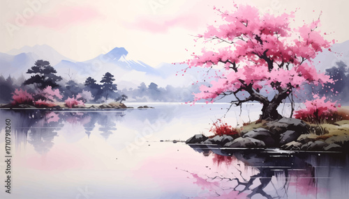 Serene pink cherry blossom lake view. Tranquil mountain landscape with blossoms. Peaceful sakura trees reflecting in water. Blossoming cherry trees with mountain backdrop. Beautiful sakura landscape