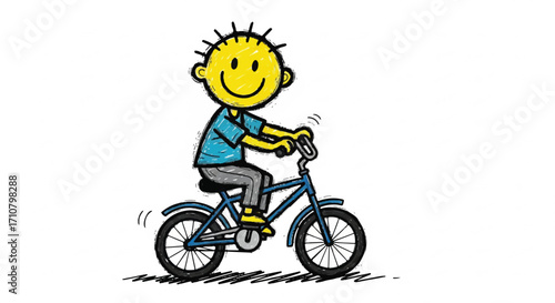 A cheerful cartoon boy riding a blue bicycle with a crayon in his hand against a clean white background with a joyful mood.
