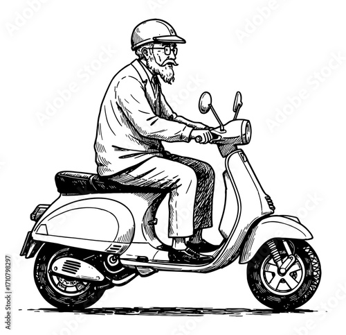 Grandpa Riding Classic Vespa Scooter Black and White Outline Line Art Drawing Side View Illustration
