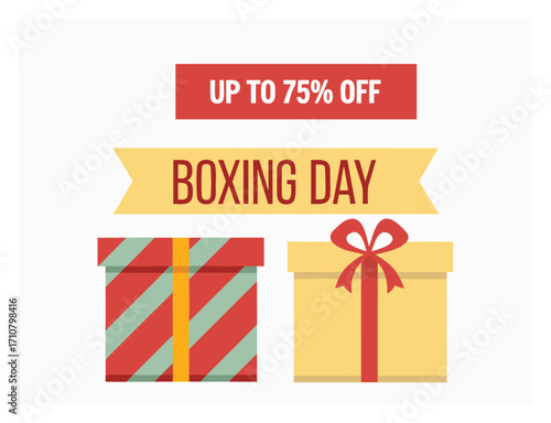 Boxing Day Sale Banner with Gift Boxes Up to 75 Percent Off