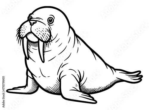 Cute Walrus Cartoon Style Black and White Outline Line Art Drawing with Tusks and Whiskers Isolated Object Side View