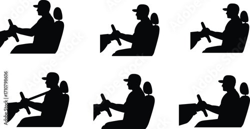 Silhouette Set of Driver in Car with Seatbelt, Steering Wheel and Cap, Driving Safety Vector Icons for Transport Illustration