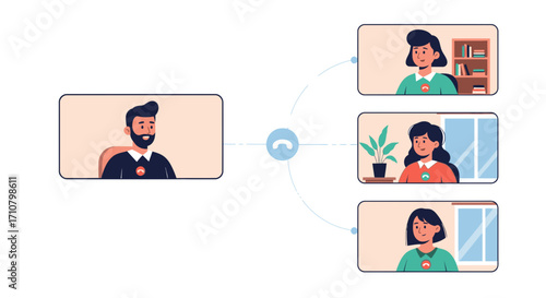 Flat vector illustration concept of a man leading an online group video conference call with three female colleagues for a remote business meeting