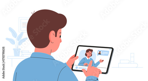 Man engaged in a professional video conference call on a digital tablet for remote work or online learning