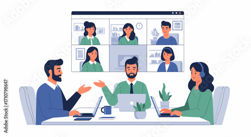 Business team having a hybrid meeting with remote colleagues on a video conference screen for online collaboration and discussion