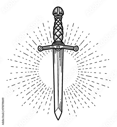 Excalibur Sword with Shining Sun Ray Effect Black and White Outline Line Art Drawing