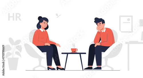 HR meeting with an employee discussing their job satisfaction and well-being in a modern office setting