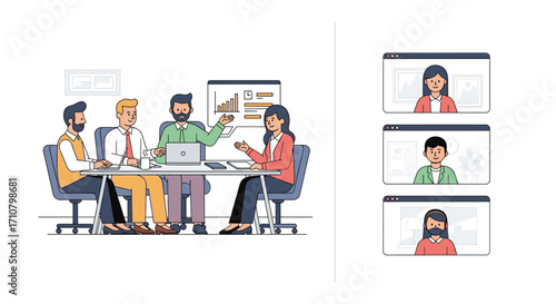 Illustration of a business meeting with four people at a table and three participants joining remotely via video conference.