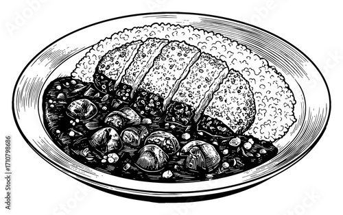 Japanese Curry Tonkatsu on Plate with Rice Black and White Outline Line Art Drawing Food Dish